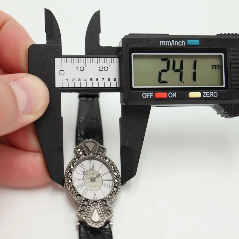 Cardini Marcasite Watch Women 24mm Silver Tone Roman Black Leather w New Battery